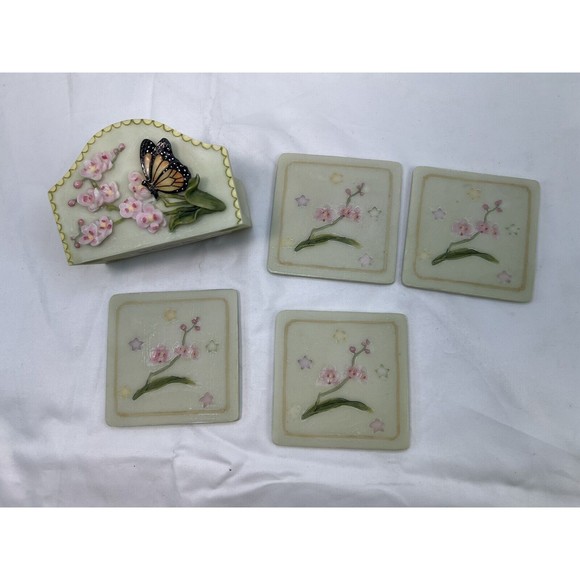Set Of 4 Stone Hand Painted Coasters W Holder‎ 3D Butterfly & Flowers Sculpture - Picture 1 of 13